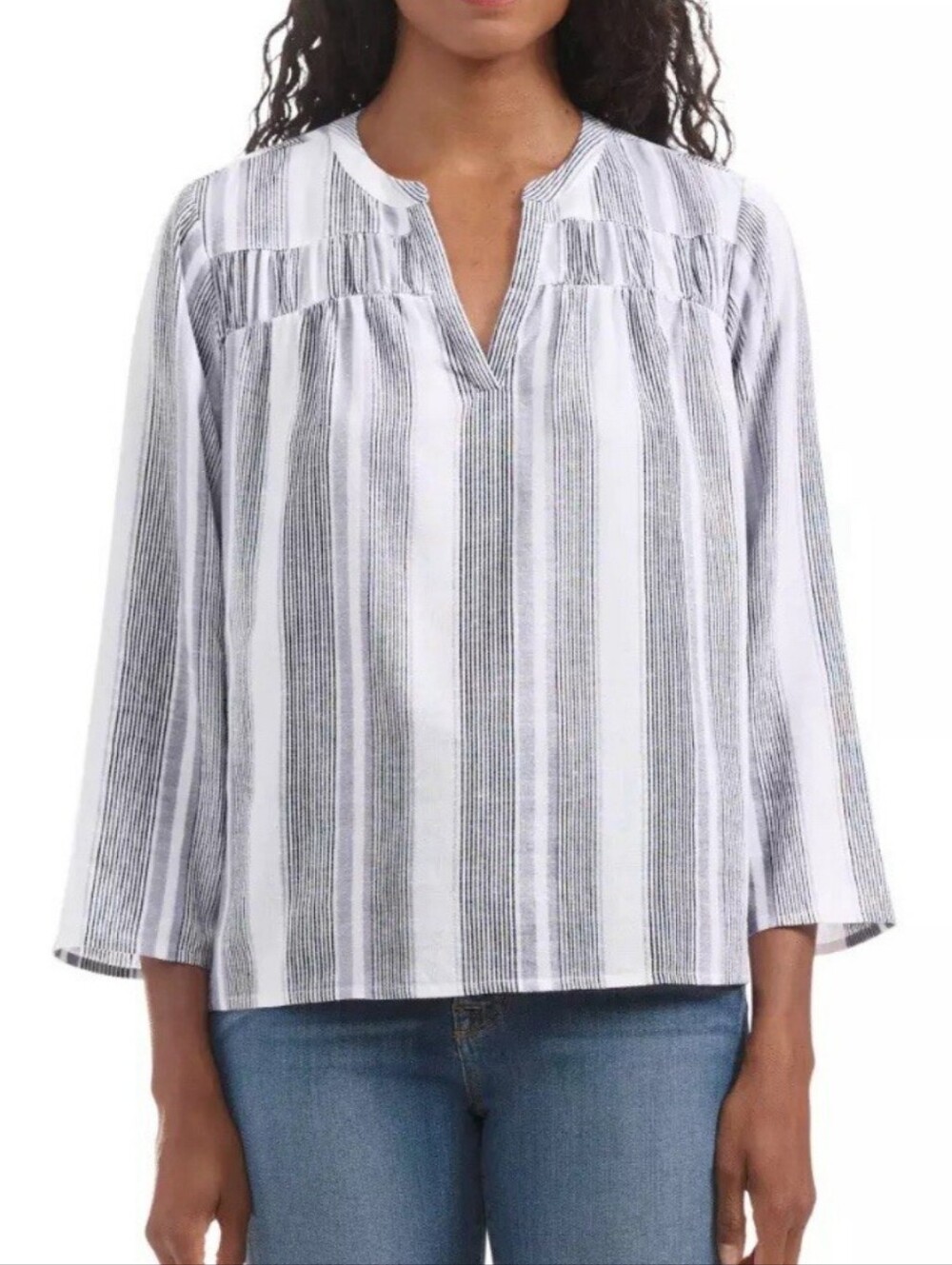 Splendid White Striped Split-Neck Tunic with Black & Light Purple Stripes
